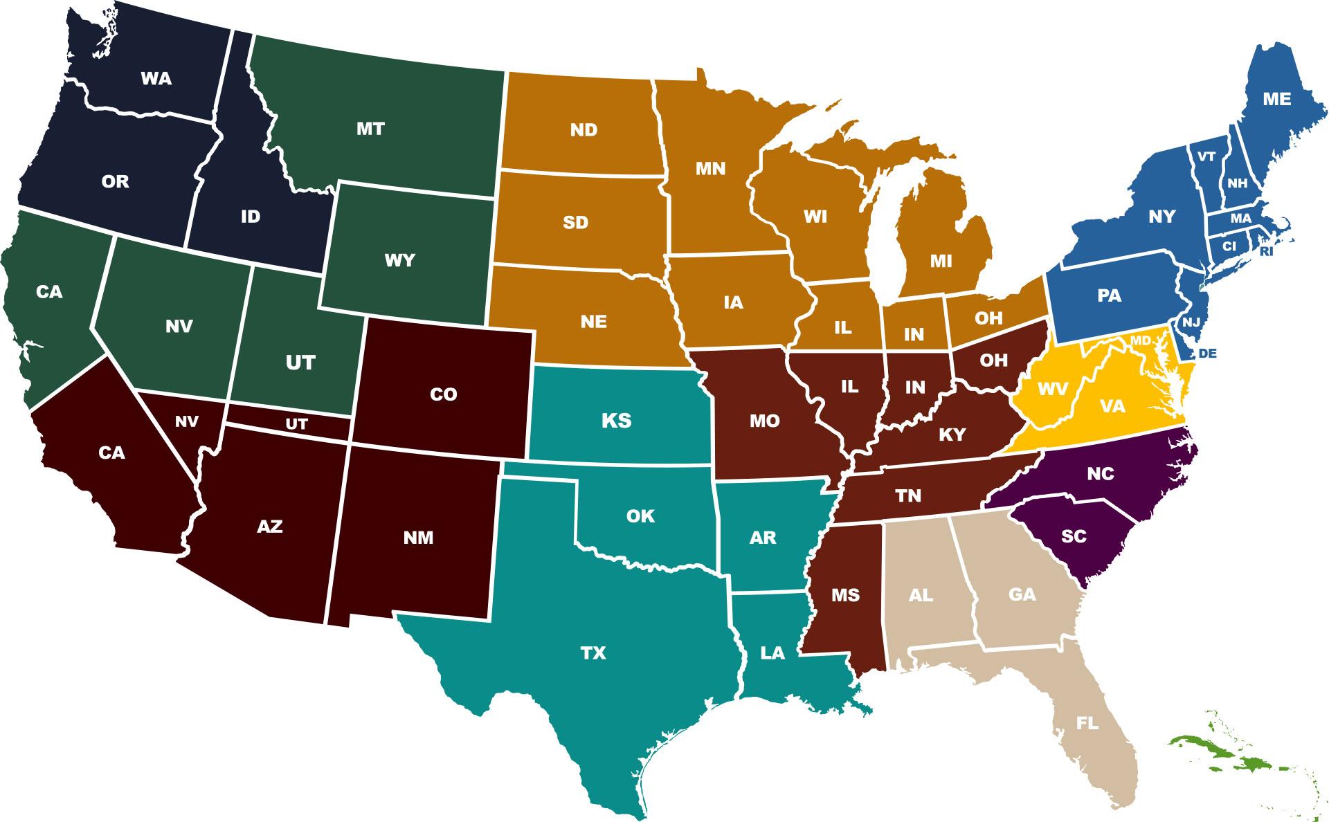 TITAN Aviation Fuels representative map showing color-coded U.S. regions